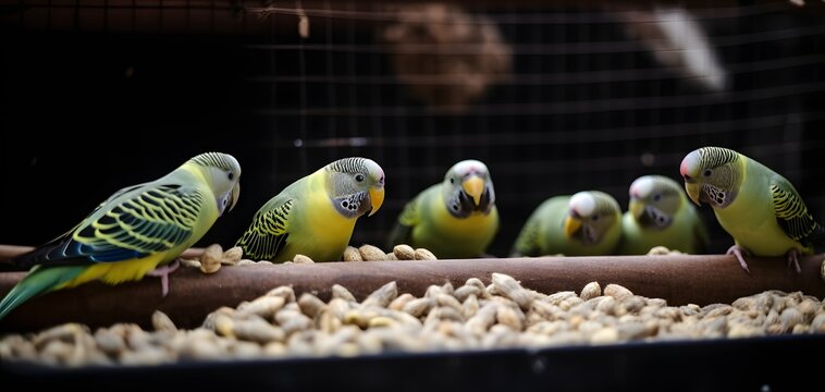 A group of parakeets perched on a wooden branch amidst a pile of peanuts, their vibrant colors and playful antics creating a charming scene.