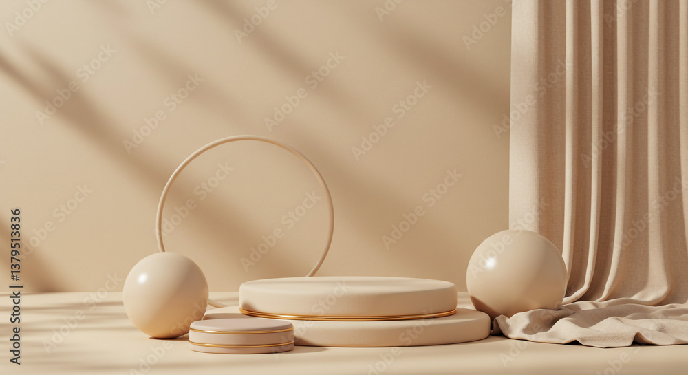 Poster Serene beige minimalist display with soft light illuminating elegant curves and spheres, creating a calming mood for product showcasing.