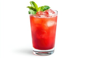 Refreshing Red Cocktail with Ice and Mint Garnish Isolated on White