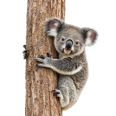 Fototapeta premium Cuddly Koala Mother and Baby Clinging to Eucalyptus Tree Isolated on Transparent Background