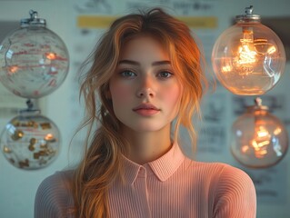 Naklejka premium Portrait Woman with light bulbs behind her and pink shirt