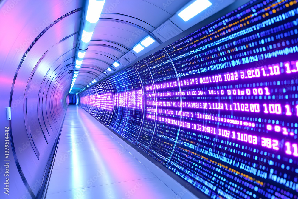 Poster futuristic tunnel lined with glowing binary code
