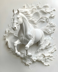 Artistic white horse sculpture depicting action and flowing movement perfectly