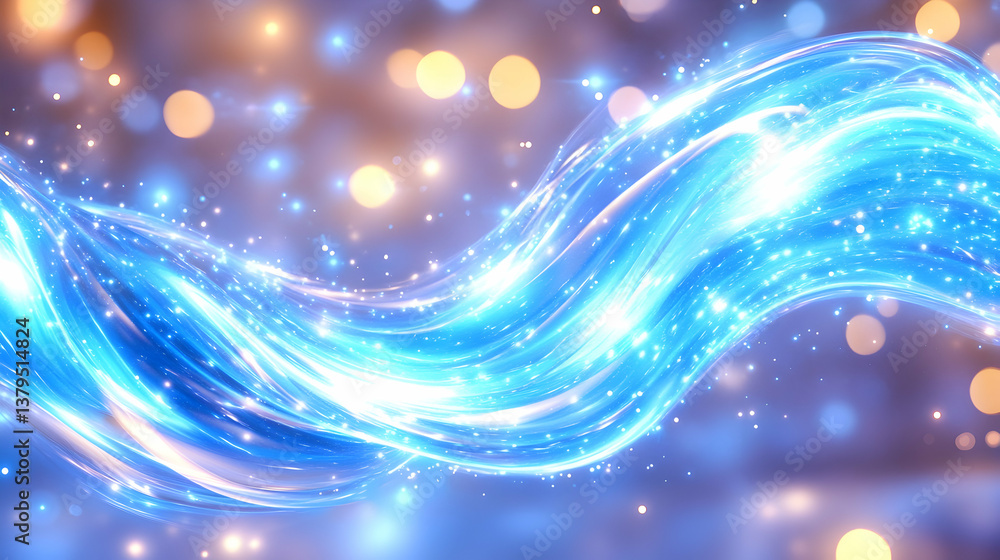 Poster glowing blue wave with sparkling particles on bokeh background