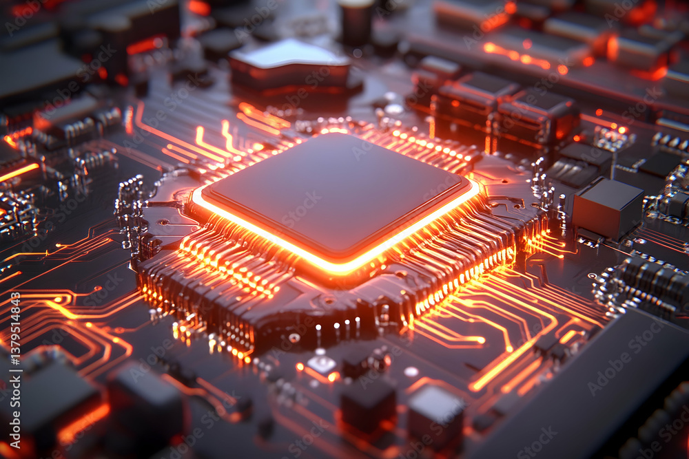 Poster glowing central processing unit on circuit board
