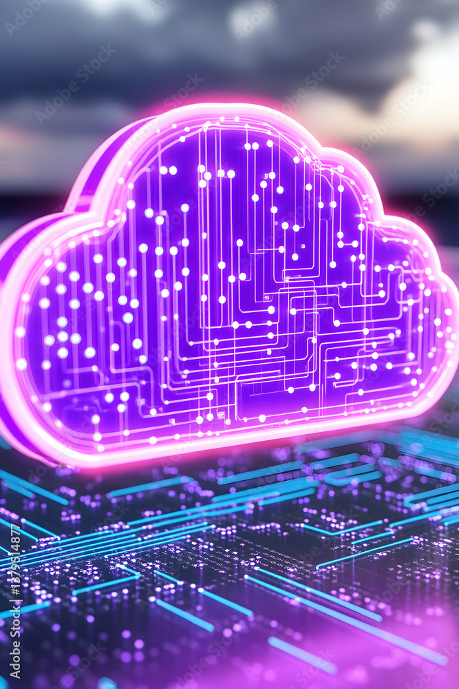 Poster glowing cloud computing symbol on circuit board