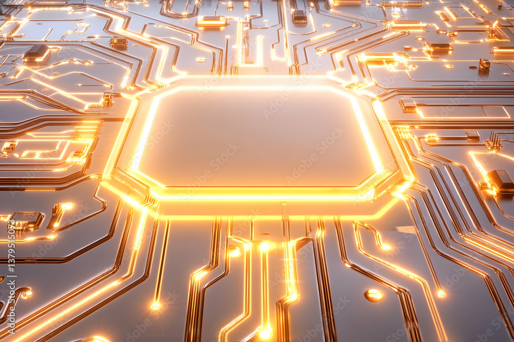 Poster glowing golden central processing unit on a circuit board
