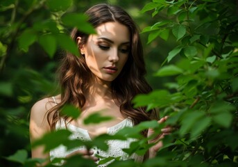 Fototapeta premium 緑葉の影に潜む女性、柔らかな光が肌を照らす