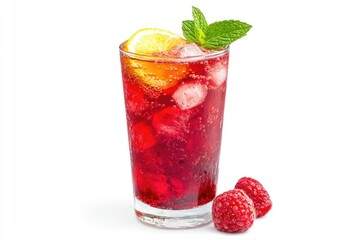 Refreshing Raspberry Lemonade with Ice Cubes and Mint Garnish on White
