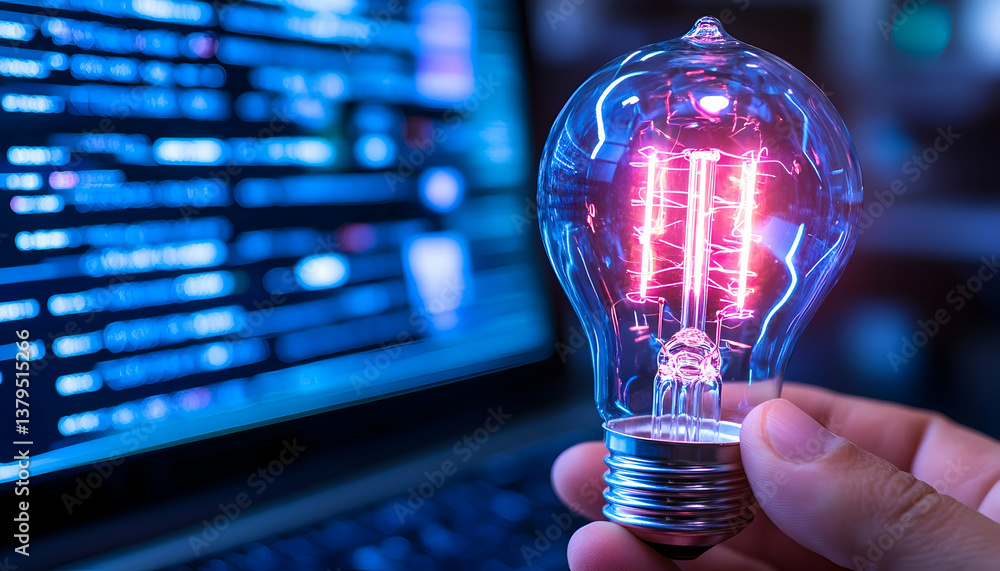 Poster glowing lightbulb held against laptop screen displaying code