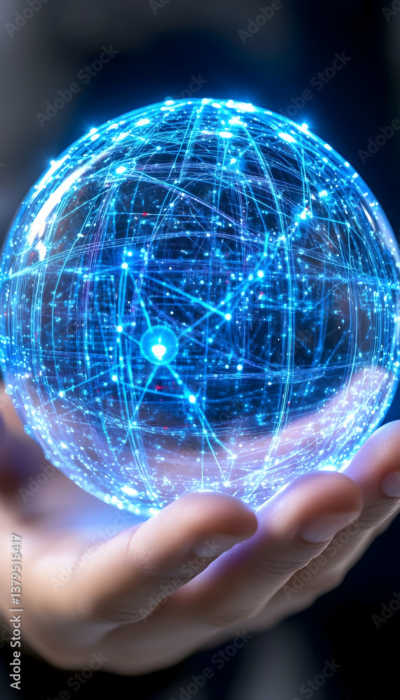 Poster glowing orb of interconnected nodes held in a hand