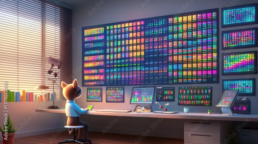 Poster futuristic data analysis event modern office illustration digital environment perspective high-tech 
