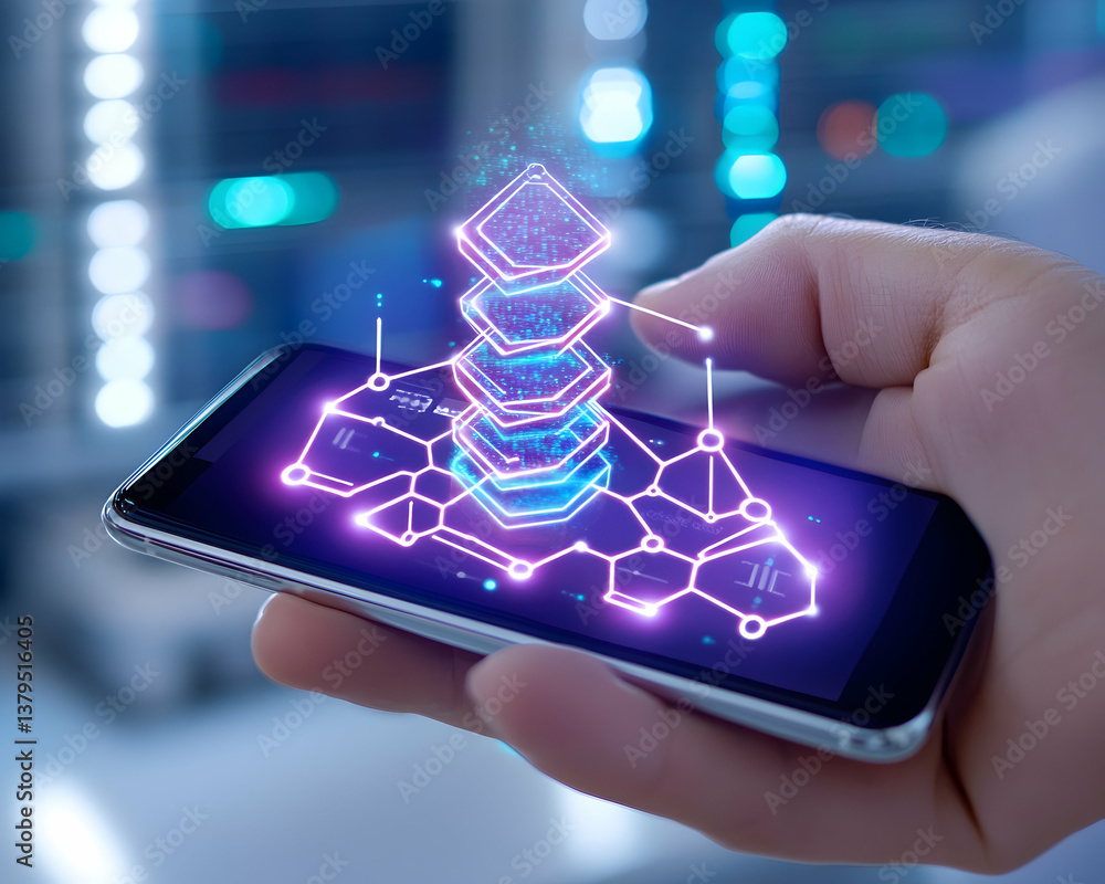Poster hand holding phone displaying a digital data stack