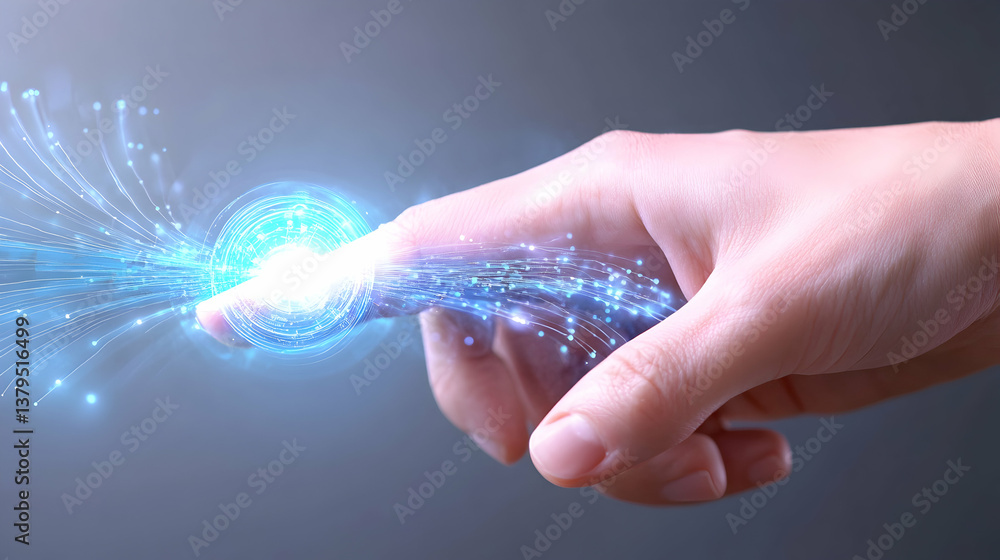 Poster hand interacting with glowing digital data streams
