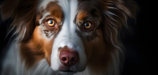 Fototapeta premium A close-up of a dog's face, highlighting its distinctive fur and golden eyes, set against a black background, creating a striking contrast.