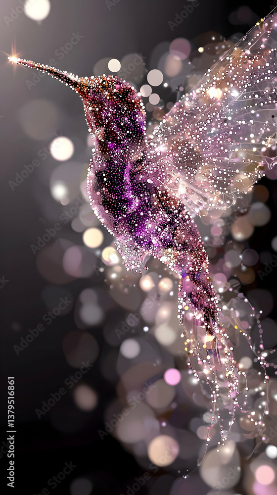 Poster glittering hummingbird in dark bokeh background