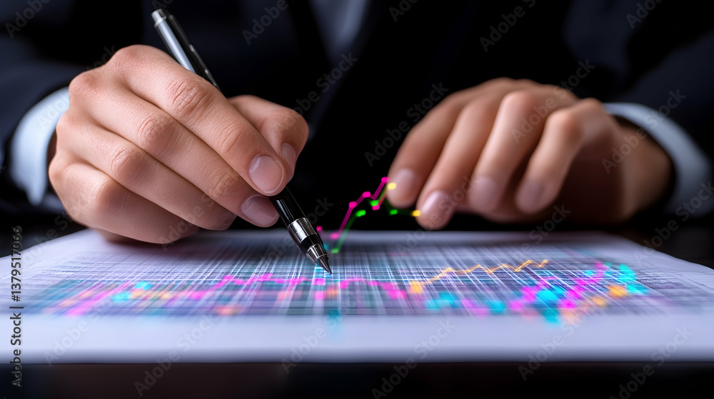 Poster hands analyzing financial data chart with pen