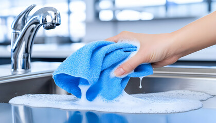 Hand rinsing a soapy blue cloth in a stainless steel sink