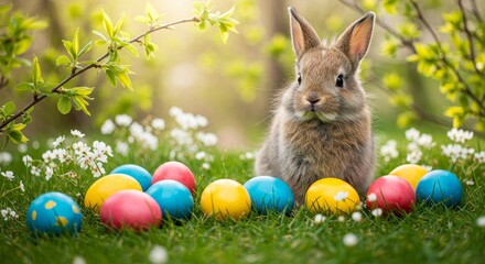  harmonious scattering of eggs painted with watercolor designs, resting among dewy grass and small white blossoms. Sunlight cascades gently through leafy branches above, adding depth and natural warm