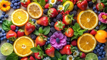 Vibrant Citrus Slices and Juicy Berries Arranged with Delicate Blossoms and Lush Greenery