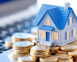 House model atop gold coins on laptop