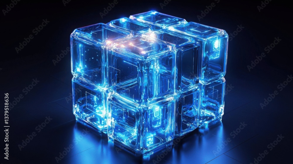 Poster cube composed of glowing blue lights representing abstract ideas related to artificial intelligence 