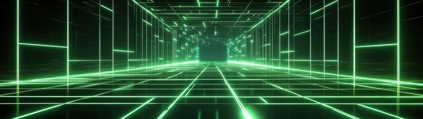 Futuristic Green Neon Grid Tunnel with Light Effects and Perspective