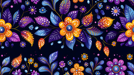 A vibrant floral pattern featuring colorful flowers and leaves on a dark background.