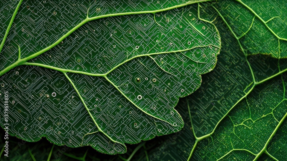 Poster green leaf with circuit board pattern illustrating the intersection of nature and technology in a un