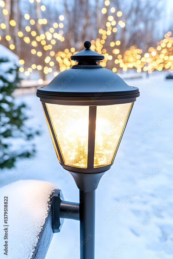 Poster illuminated lamp post in snowy winter scene with bokeh lights