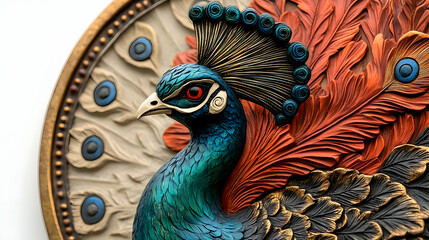 Fototapeta premium A detailed depiction of a beautifully crafted peacock sculpture or relief