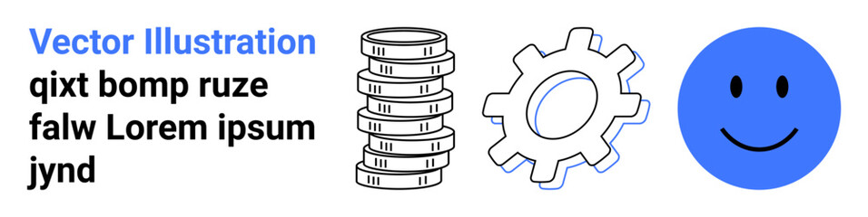 Fototapeta premium Stacked coins symbolize wealth, gearwheel reflects teamwork and process, blue happy face expresses positivity. Ideal for finance, productivity, collaboration, motivation, simplicity, happiness