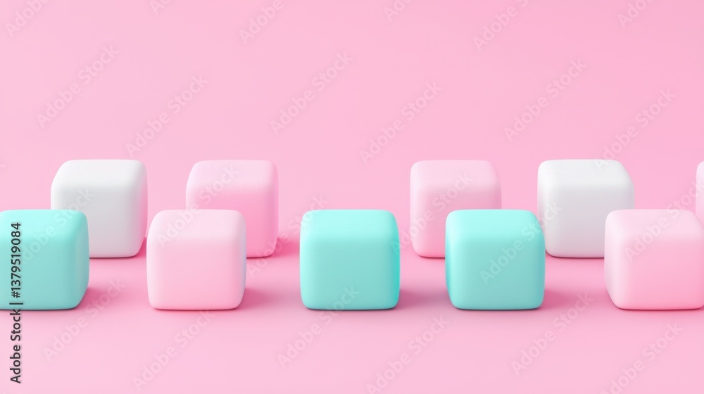 Poster row of abstract pastel cubes in fluid data flow representing modern digital concepts and contemporar
