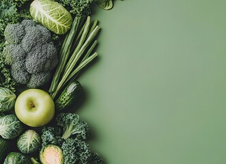 Fresh Green Vegetables and Fruit on Green Background with Copy Space