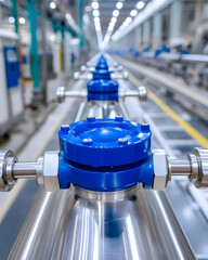 Industrial pipe system with blue valves in a factory