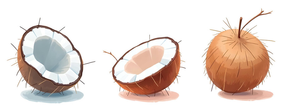 Illustration of coconuts in various stages, showcasing texture and color variations. with clipping path,isolated, absolutely white background background