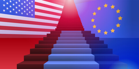 Fototapeta premium US EU trade war concept illustration showing a staircase merging flags of the USA and EU symbolizing economic conflict blue red gradient background