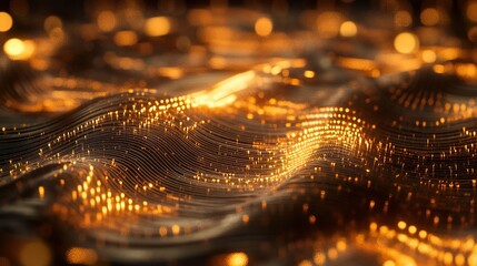 Golden wavy lines with shimmering lights create a futuristic abstract design