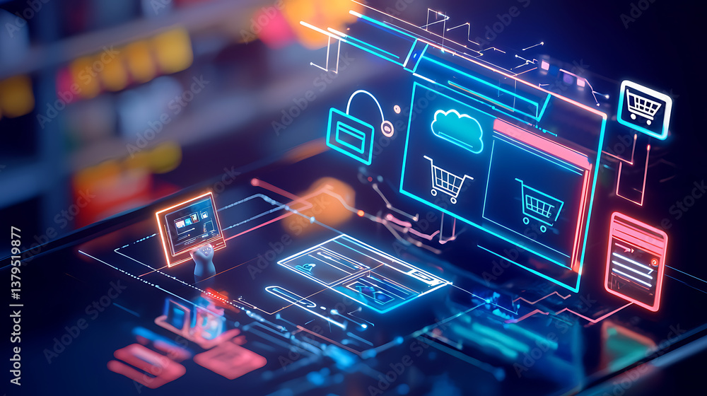 Aufkleber interactive e-commerce interface digital workspace graphic design futuristic environment close-up vi