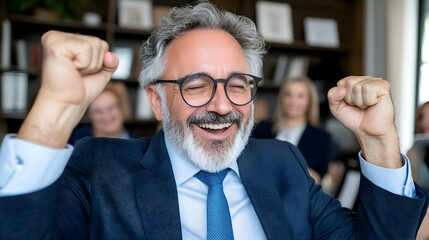 Joyful mature businessman celebrating success with fists pumped, surrounded by colleagues