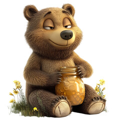 Teddy Bear Sitting Next to Honey Jar Isolated on Transparent Background