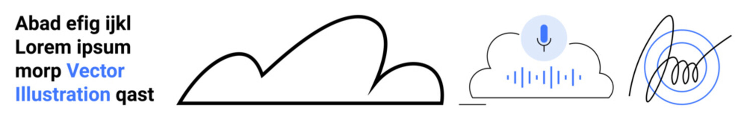 Cloud outline, digital waveform, microphone icon, and signature line. Ideal for technology, communication, storage, security, AI design and simple landing page