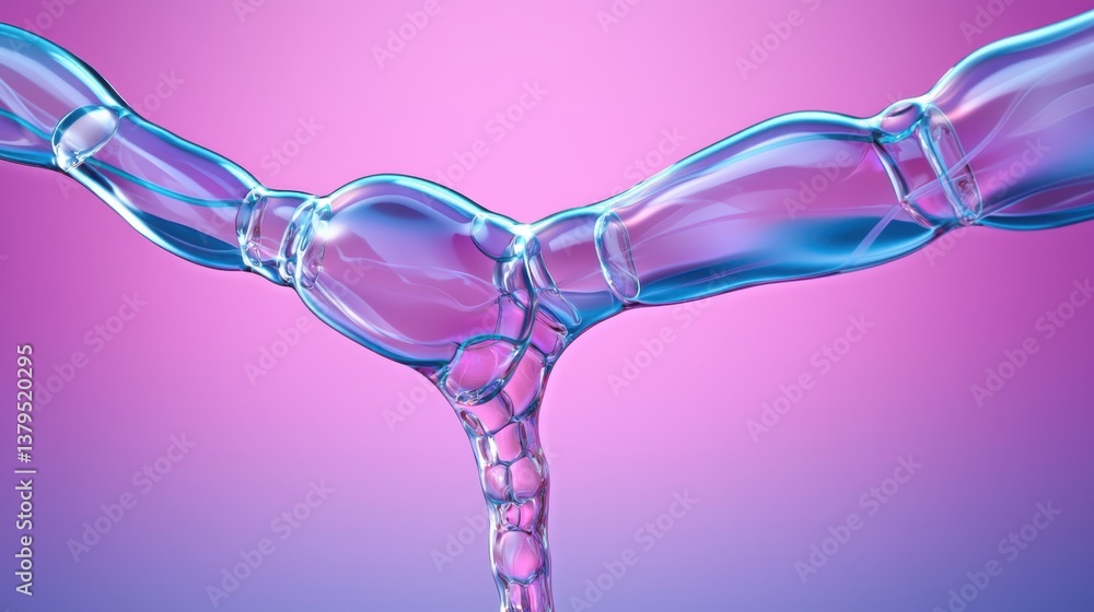 Poster stream of vivid blue liquid pouring from bottle creating abstract visuals representing futuristic co