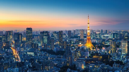 Fototapeta premium Tokyo cityscape sunset aerial view, illuminated tower, city skyline, travel