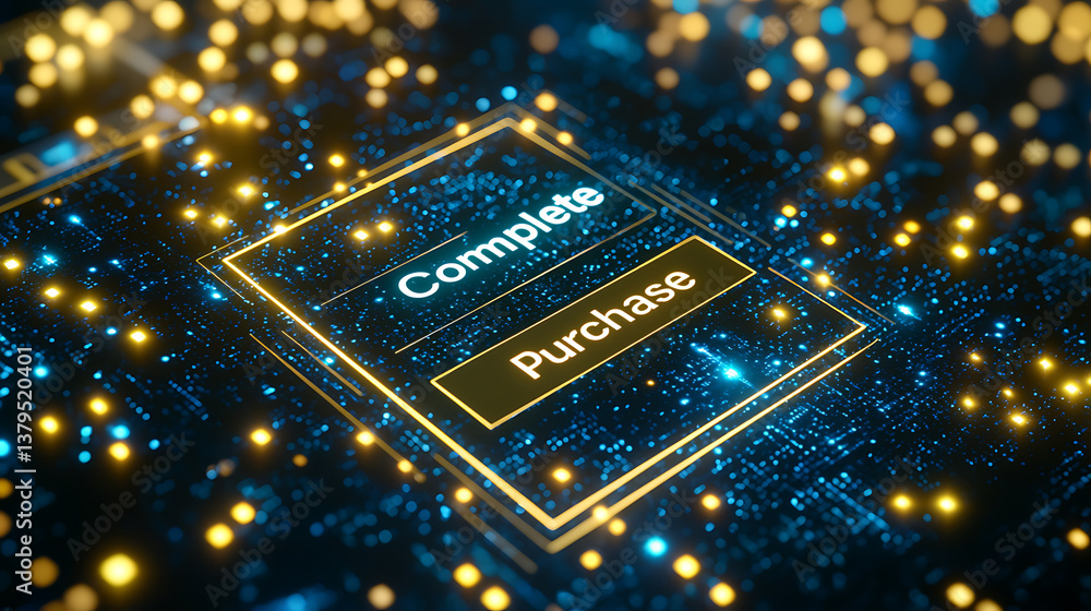 Poster digital purchase completion action online marketplace graphic design futuristic environment close-up