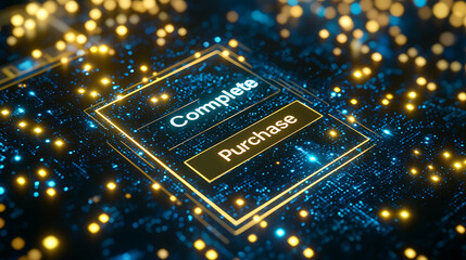 Digital purchase completion action online marketplace graphic design futuristic environment close-up view e-commerce concept