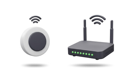A sleek modern router and compact wifi extender offering seamless connectivity and boosted signal strength with clean 3d render and bright white background.