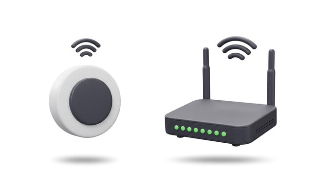 A sleek modern router and compact wifi extender offering seamless connectivity and boosted signal strength with clean 3d render and bright white background.