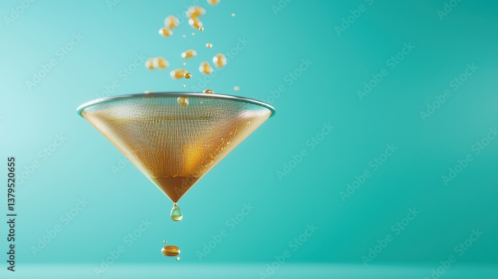 Poster dripping precision separatory funnel laboratory liquid process controlled environment close-up scien