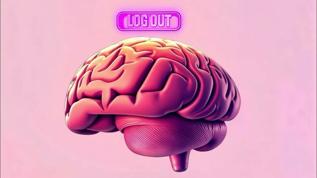 concept of mental health, Animated 3D brain slowly rotating around its axis, with a glowing "Log Out" button above it